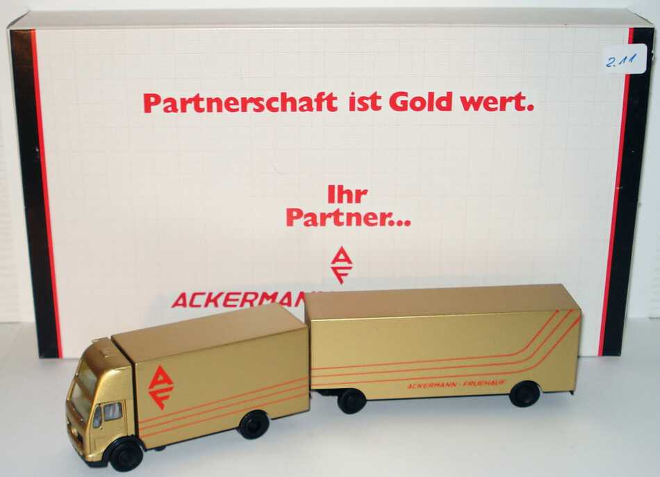 1:87 Mercedes-Benz (K) Topsleeper MbeltransportHgz 2/2 "AF Ackermann - Fruehauf, Partnerschaft ist Gold wert."  (AF Werbeverpackung) 